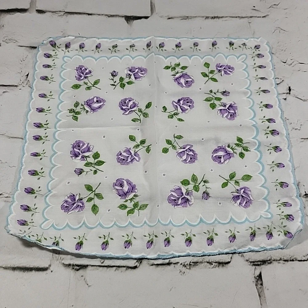 Vintage Handkerchief Hanky Sheer Feminine White Purple Roses Blue Trim